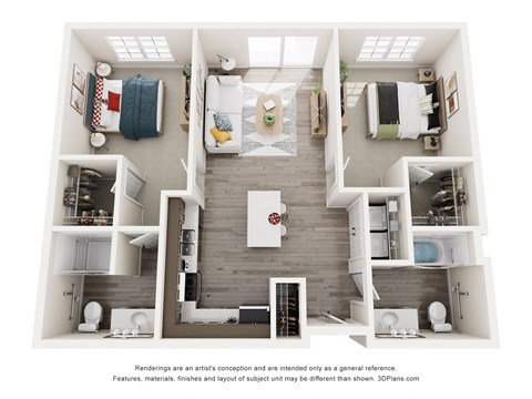 Floor plan for 2 beds, 2 baths, 998 sqft
